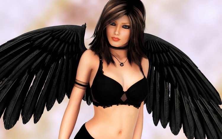 девушка, черные крылья, фон, взгляд, рендеринг, ангел, лицо, падший, белье, girl, black wings, background, look, rendering, angel, face, fallen, linen