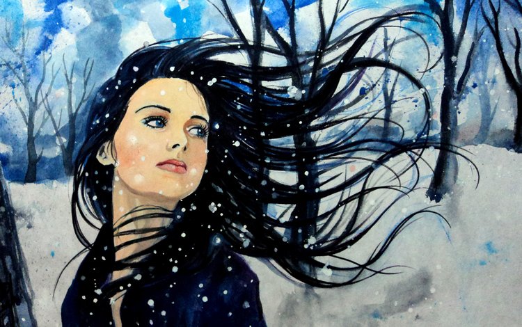небо, лицо, арт, ветер, деревья, голубые глаза, снег, живопись, зима, девушка, взгляд, волосы, the sky, face, art, the wind, trees, blue eyes, snow, painting, winter, girl, look, hair