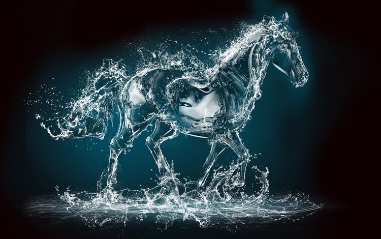 лошадь, вода, брызги, рендеринг, темный фон, животное, horse, water, squirt, rendering, the dark background, animal