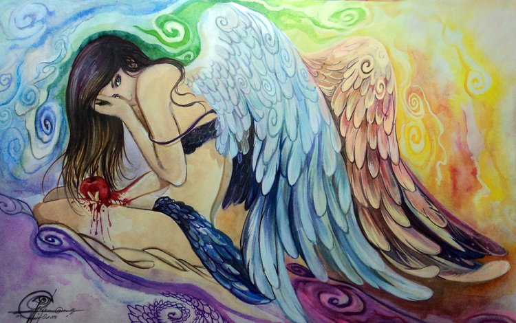 девушка, руки, поза, живопись, взгляд, крылья, ангел, сидит, волосы, лицо, girl, hands, pose, painting, look, wings, angel, sitting, hair, face