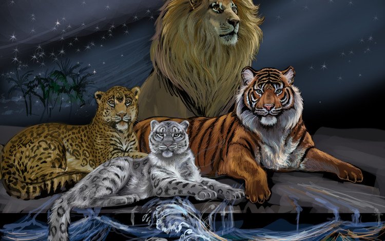 тигр, леопард, небо, лев, арт, хищники, вода, грива, волны, живопись, животные, снежный барс, взгляд, царь зверей, луна, tiger, leopard, the sky, leo, art, predators, water, mane, wave, painting, animals, snow leopard, look, the king of beasts, the moon