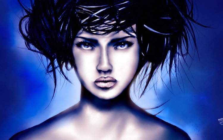 арт, стиль, девушка, взгляд, волосы, лицо, прическа, губы. синий фон, art, style, girl, look, hair, face, hairstyle, lips. blue background