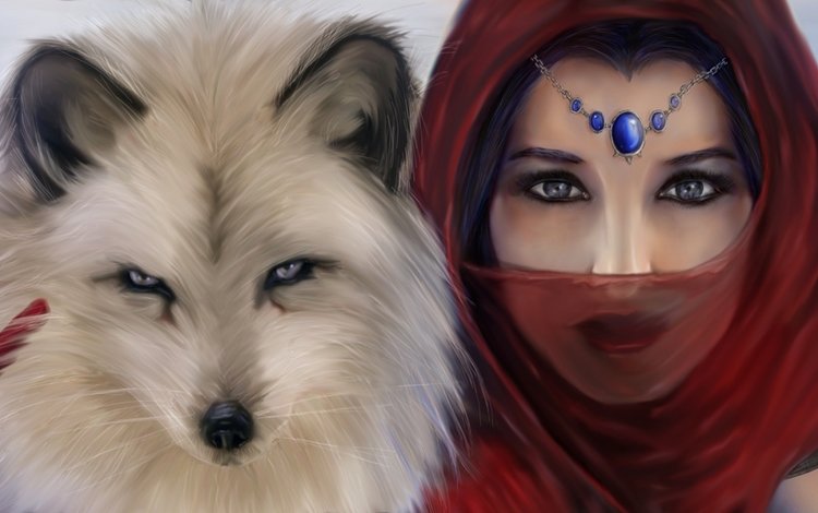 глаза, арт, девушка, взгляд, животное, украшение, красный платок, eyes, art, girl, look, animal, decoration, red scarf