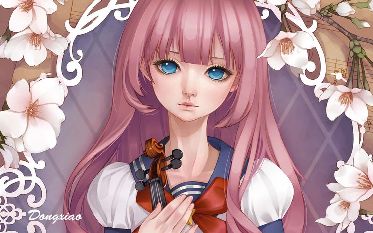 арт, девушка, фон, скрипка, взгляд, dong xiao, art, girl, background, violin, look