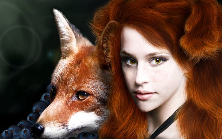 животное, глаза, веснушки, девушка, рыжие, фантастика, взгляд, лиса, волосы, лицо, ягоды, animal, eyes, freckles, girl, red, fiction, look, fox, hair, face, berries