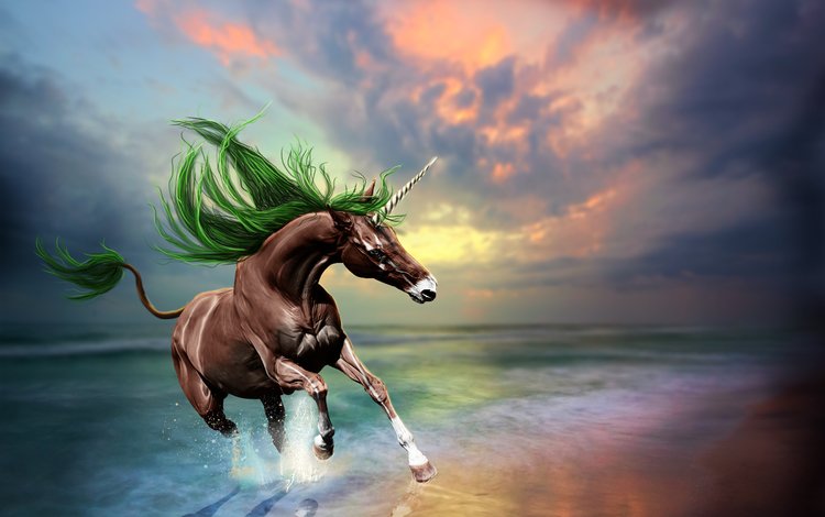 небо, скачет, арт, закат 3d, волны, отражение, море, животное, конь, единорог, the sky, jump, art, sunset 3d, wave, reflection, sea, animal, horse, unicorn