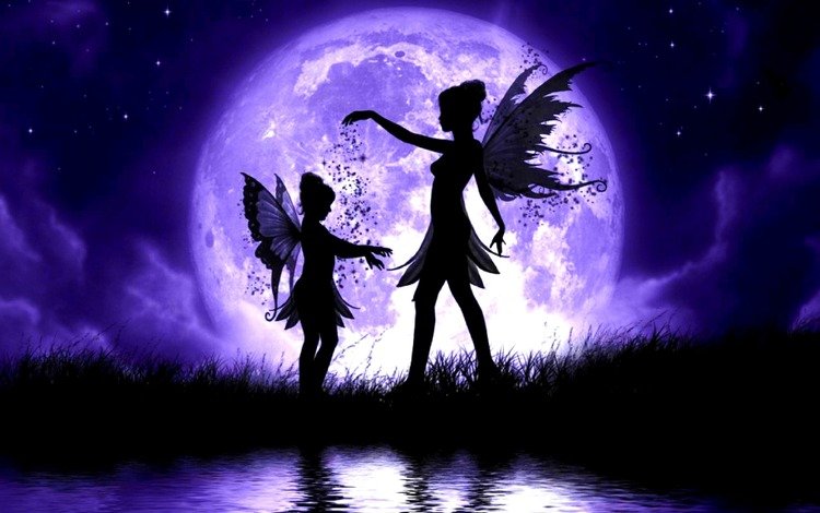 небо, луна, трава, крылья, облака, ребенок, ночь, феи, вода, озеро, девушка, звезды, the sky, the moon, grass, wings, clouds, child, night, fairies, water, lake, girl, stars