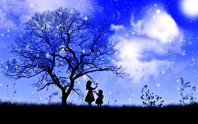 небо, ребенок, трава, облака, ночь, дерево, девушка, звезды, ветки, the sky, child, grass, clouds, night, tree, girl, stars, branches