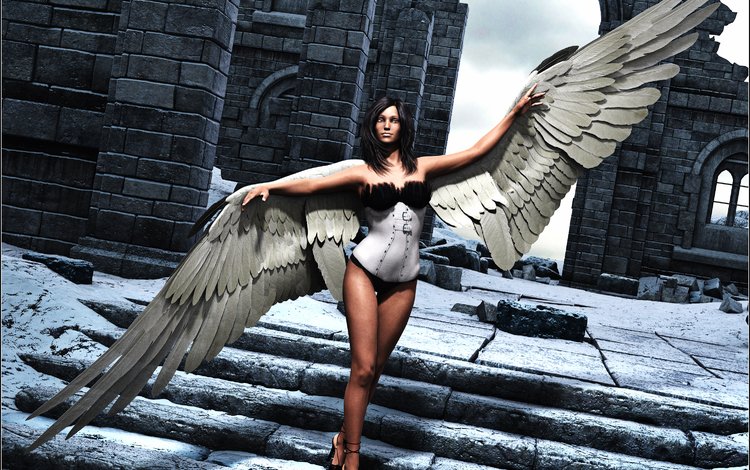 лестница, девушка, взгляд, крылья, рендеринг, ангел, волосы, ladder, girl, look, wings, rendering, angel, hair