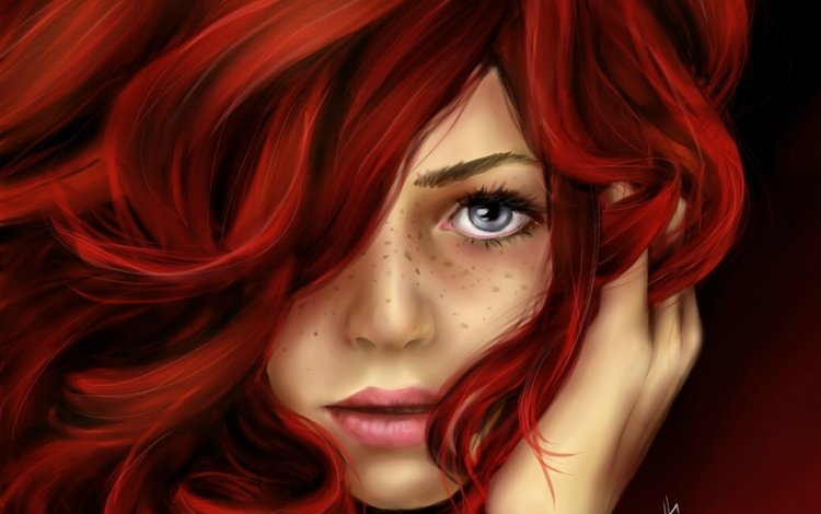 арт, веснушки, девушка, взгляд, рыжая, кудри, волосы, лицо, живопись, art, freckles, girl, look, red, curls, hair, face, painting