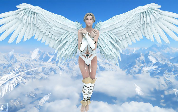 небо, облака, девушка, крылья, рендеринг, ангел, перья, the sky, clouds, girl, wings, rendering, angel, feathers