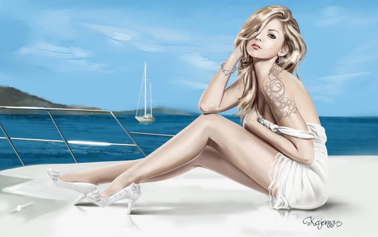 море, блондинка, взгляд, яхта, ножки, туфли, белое платье, арт. девушка, sea, blonde, look, yacht, legs, shoes, white dress, art. girl