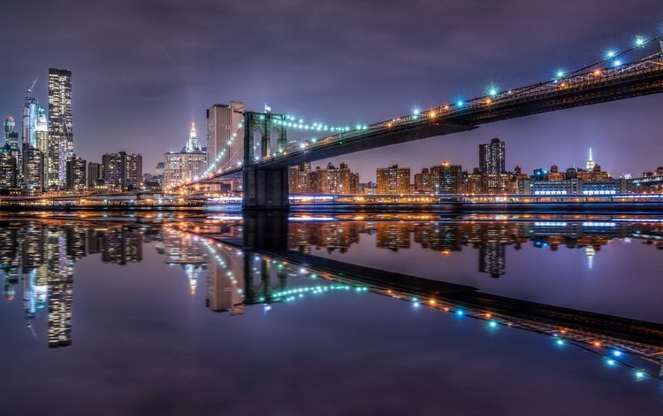 ночь, город, сша, нью-йорк, бруклинский мост, night, the city, usa, new york, brooklyn bridge