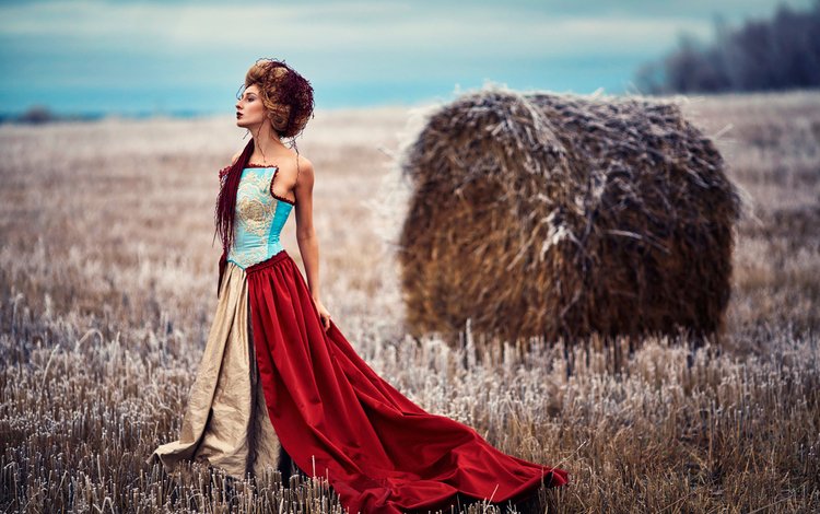 девушка, платье, поле, alice maximova, russian winter, girl, dress, field