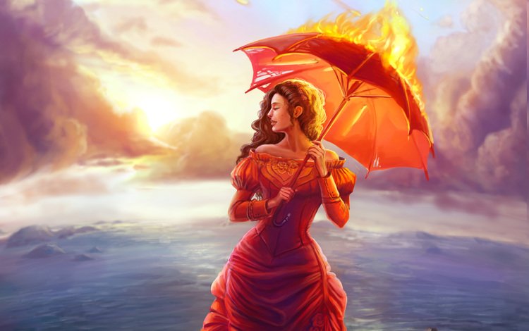 арт, зонтик, тучи, живопись, девушка, красное платье, море, огонь, профиль, волосы, лицо, art, umbrella, clouds, painting, girl, red dress, sea, fire, profile, hair, face