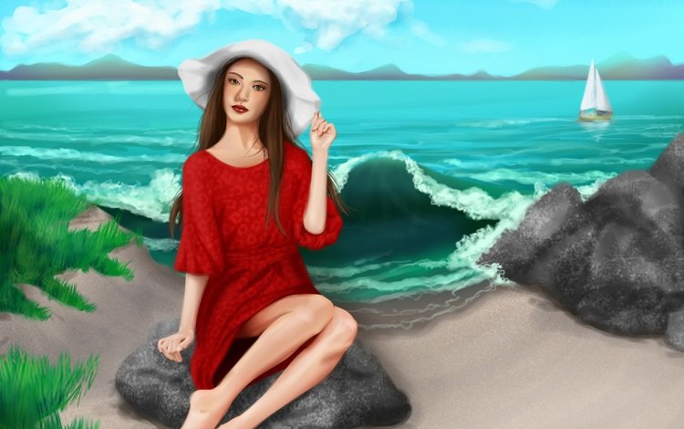 небо, живопись, арт, шляпа, облака, красное платье, девушка, море, песок, взгляд, ножки, the sky, painting, art, hat, clouds, red dress, girl, sea, sand, look, legs