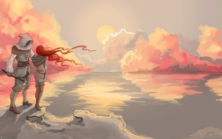 парень, небо, тень, облака, океан, закат, девушка, мужчина, отражение, живопись, пейзаж, красные волосы, море, оружие, guy, the sky, shadow, clouds, the ocean, sunset, girl, male, reflection, painting, landscape, red hair, sea, weapons