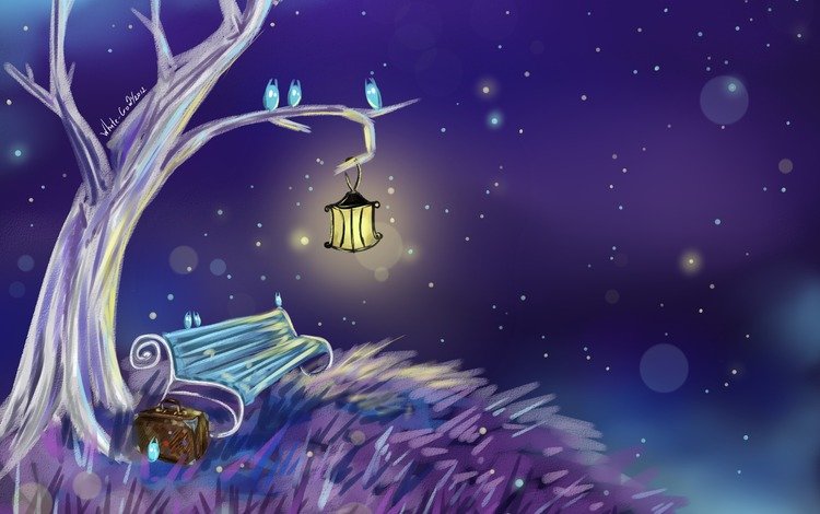 свет, ночь, дерево, фонарь, скамейка, живопись, чемодан, light, night, tree, lantern, bench, painting, suitcase