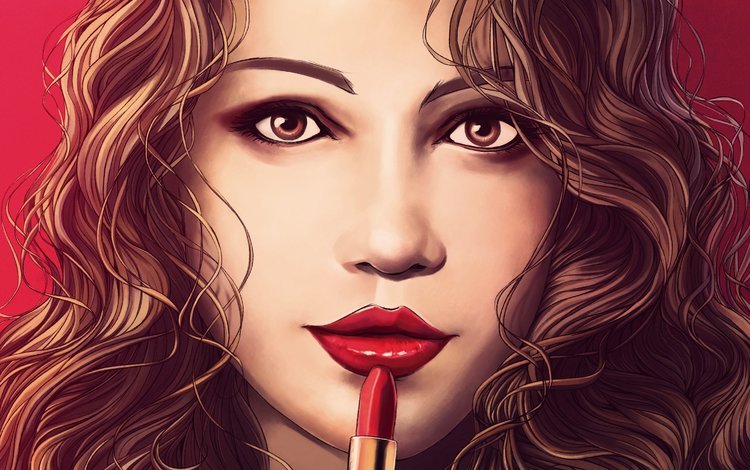 арт, девушка, взгляд, волосы, лицо, живопись, помада, красные губы, art, girl, look, hair, face, painting, lipstick, red lips
