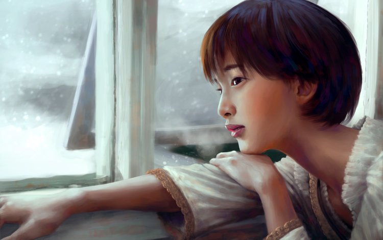 арт, взгляд, актриса, окно, живопись, gouriki ayame, art, look, actress, window, painting