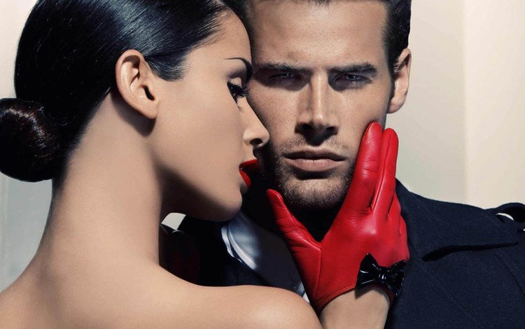 стиль, голые плечи, модель, красные перчатки, пара, мужчина, прическа, женщина, перчатка, красная помада, style, bare shoulders, model, red gloves, pair, male, hairstyle, woman, glove, red lipstick