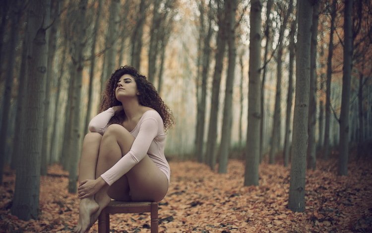 лес, девушка, осень, стул, forest, girl, autumn, chair