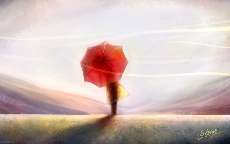 небо, арт, человек, спина, ветер, живопись, красный зонт, the sky, art, people, back, the wind, painting, red umbrella