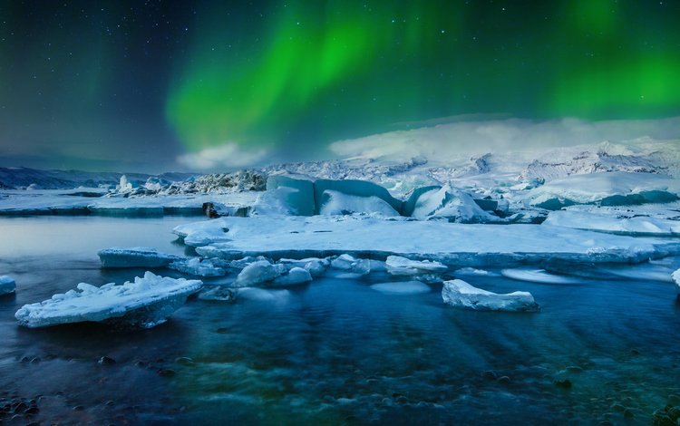 озеро, снег, зима, звезды, лёд, северное сияние, исландия, lake, snow, winter, stars, ice, northern lights, iceland