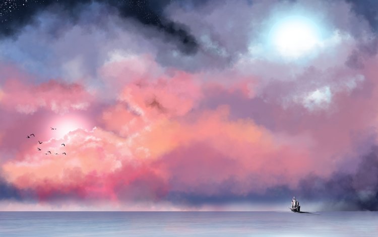 небо, облака, море, звезды, туман, корабль, птицы, живопись, the sky, clouds, sea, stars, fog, ship, birds, painting