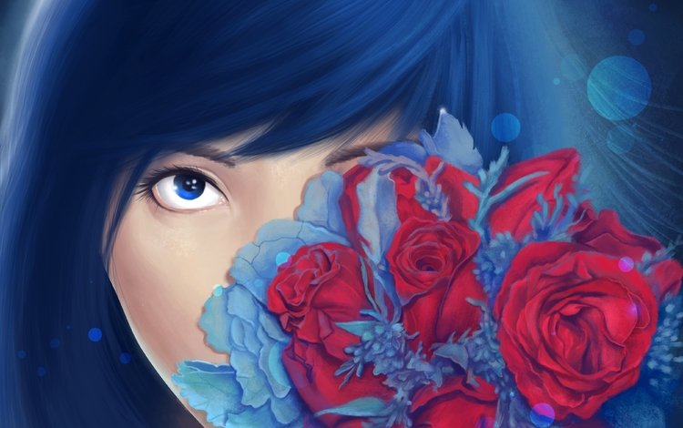 цветы, арт, розы, взгляд, букет, лицо, живопись, девушка. синие волосы, flowers, art, roses, look, bouquet, face, painting, girl. blue hair