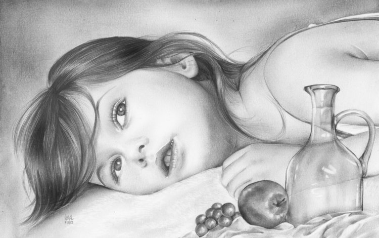 виноград, карандаш, взгляд, лежит, девочка, лицо, ребенок, яблоко, живопись, grapes, pencil, look, lies, girl, face, child, apple, painting