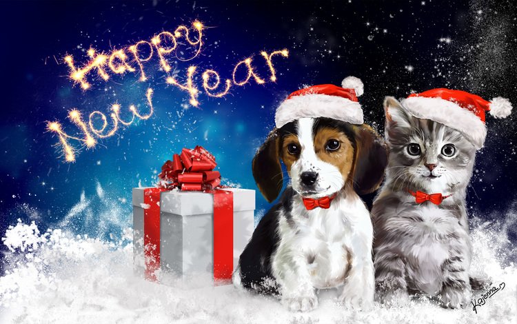 арт, упаковка, снег, с новым годом, новый год, животные, кошка, собака, подарок, бант, art, packaging, snow, happy new year, new year, animals, cat, dog, gift, bow