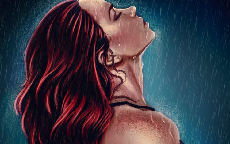 красные волосы, арт, девушка, капли, профиль, дождь, плечи, лицо, живопись, red hair, art, girl, drops, profile, rain, shoulders, face, painting