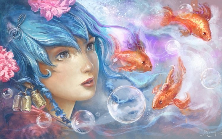 голубые волосы, глаза, арт, вода, девушка, взгляд, рыбки, живопись, пузырьки, blue hair, eyes, art, water, girl, look, fish, painting, bubbles