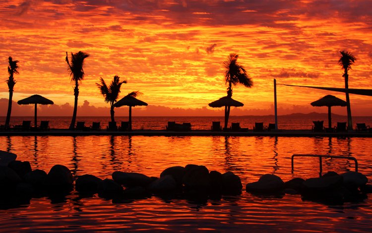 закат, пальмы, океан, басеин, denarau island, fiji, sunset, palm trees, the ocean, pool