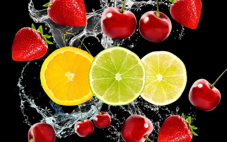 вода, фрукты, клубника, черешня, черный фон, ягоды, вишня, дольки, цитрусы, citrus, water, fruit, strawberry, cherry, black background, berries, slices