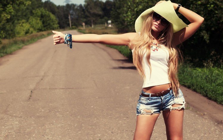 дорога, девушка, взгляд, модель, шляпа, автостоп, road, girl, look, model, hat, hitchhiking