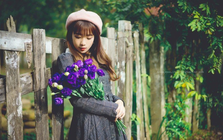цветы, девушка, забор, модель, азиатка, flowers, girl, the fence, model, asian