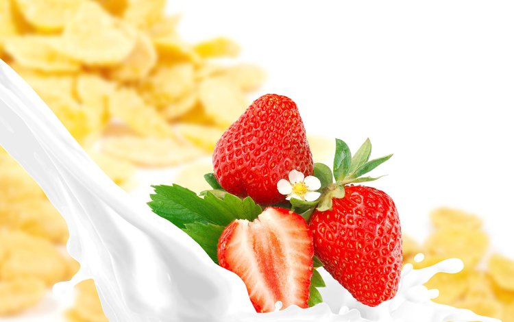 клубника, ягоды, молоко, хлопья, strawberry, berries, milk, cereal