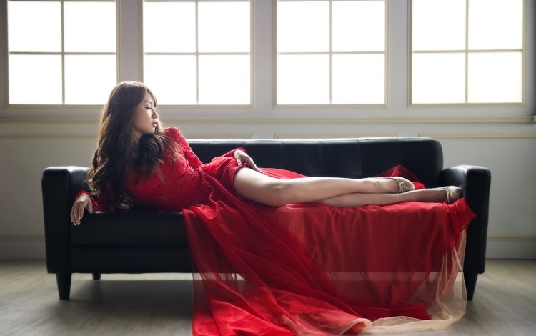 девушка, лежит, азиатка, красное платье, girl, lies, asian, red dress