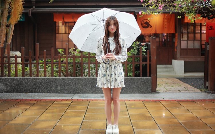 девушка, платье, дождь, ножки, волосы, лицо, зонтик, girl, dress, rain, legs, hair, face, umbrella