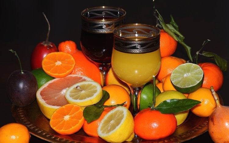 лимон, апельсин, лайм, бокалы, мандарин, цитрусы, сок, lemon, orange, lime, glasses, mandarin, citrus, juice