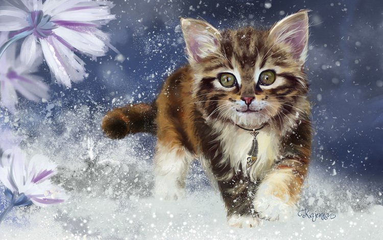 арт, снег, зима, котенок, детская, lorri kajenna, art, snow, winter, kitty, children's
