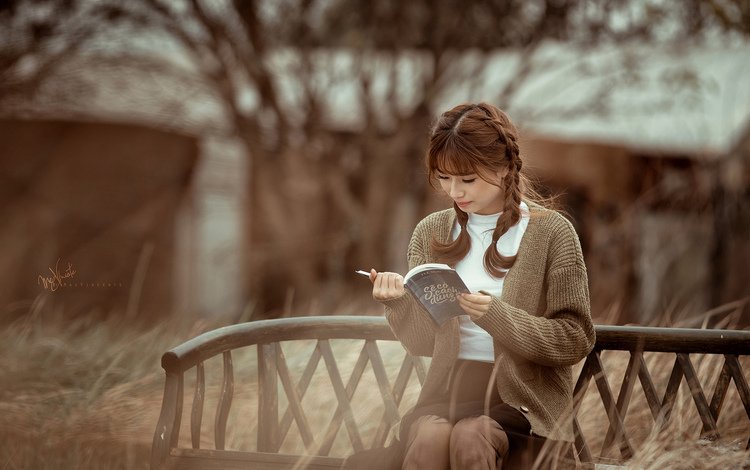 девушка, сидит, книга, азиатка, косички, читает, girl, sitting, book, asian, braids, reads