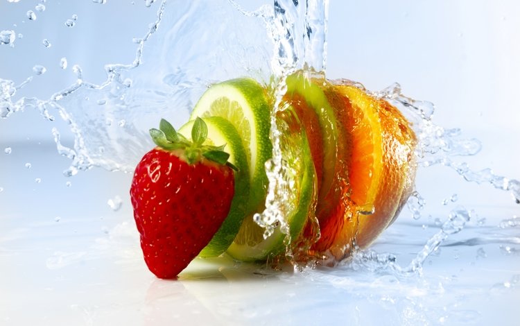 вода, ягода, клубника, брызги, дольки, цитрусы, water, berry, strawberry, squirt, slices, citrus