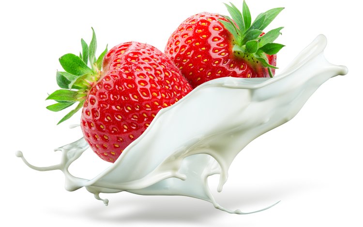 клубника, ягоды, белый фон, всплеск, молоко, strawberry, berries, white background, splash, milk