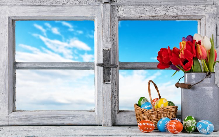 цветы, весенние, весна, зеленые пасхальные, довольная, тюльпаны, окно, пасха, яйца, тульпаны,  цветы, глазунья, декорация, decoration, flowers, spring, happy, tulips, window, easter, eggs