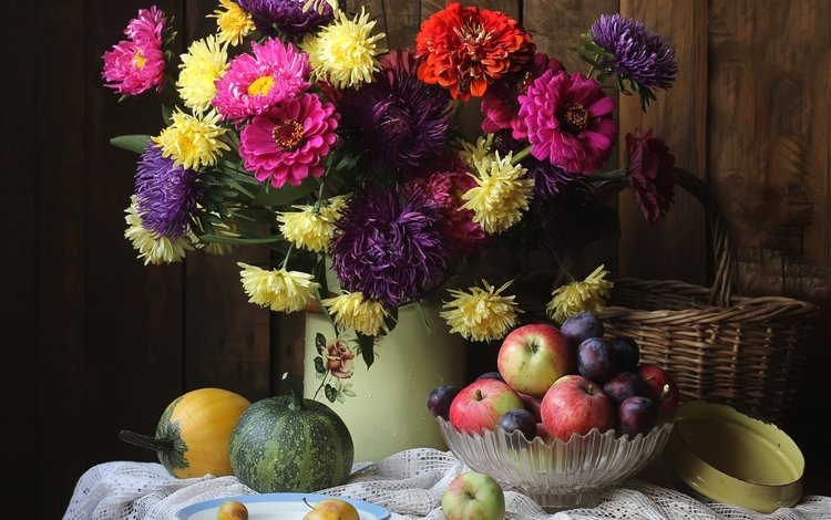 яблоки, букет, тыква, натюрморт, сливы, астры, цинния, apples, bouquet, pumpkin, still life, plum, asters, zinnia