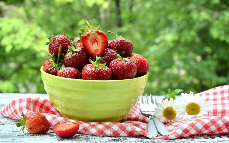 клубника, ромашки, ягоды, миска, strawberry, chamomile, berries, bowl