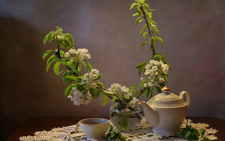 цветение, ветки, чашка, чай, чайник, натюрморт, груша, flowering, branches, cup, tea, kettle, still life, pear